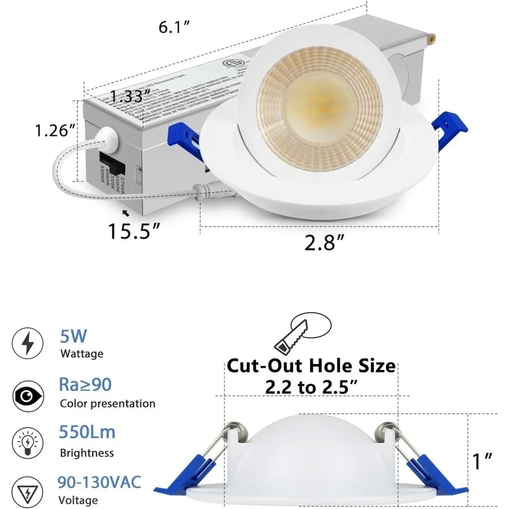 Adetu 2in LED Gimbal‎ Recessed Light 5CCT 550LM 5W Canless 12 Pack White